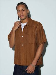 Modcrash Men's & Teenage Boys' Textured Short Sleeve Shirt, Boxy Cut Loose Casual Top, Versatile Summer Shirt - Coffee Brown - View 5