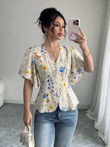 Selianne 女款春夏法式優雅浪漫通勤早午休閒花卉V領收腰魚尾花瓣袖印花襯衫 米色 - 杏色 - 查看 6