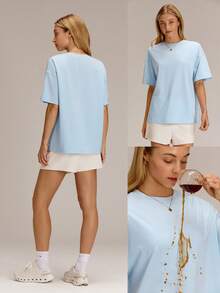 GLOWMODE Pima Cotton Chill Out Oversized Ultra-Soft Breathable Splash-Resistant Tee With Embossed Logo Summer Daily Casual Wear - Baby Blue - View 9