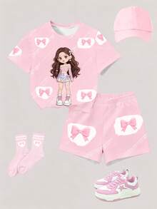 2pcs/Set Young Girl Loose T-Shirt And Shorts, Bow Decor, Cute Girl Pattern, Sweet & Adorable, Comfortable & Versatile, Suitable For Summer Outfit - Multicolor - View 3