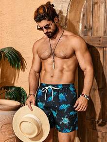 Palasendo Men's Turtle Print Drawstring Waist Pocket Beach Shorts, Holiday - Navy Blue - View 6