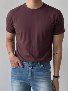 DAZY Men's Summer Solid Color Crew Neck Short Sleeve T-Shirt - Brown - View 4