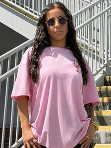 SAYEHFBABY Women's Casual Beach Vacation Loose Raglan Tee With Lobster Stripe & Letter Print, Summer Beach T-Shirt, Pastel Colors, Suitable For Vacation, Graduation Trip, Beach Party, Music Festival - Baby Pink - View 6