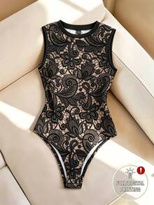 Qadelle Bộ jumpsuit hai dây cổ tròn họa tiết Loral, ôm dáng tôn dáng thoải mái mặc hàng ngày, lớp lót mặc trong nữ phong cách thường ngày mùa hè 2026 mới - màu đen - Xem 1