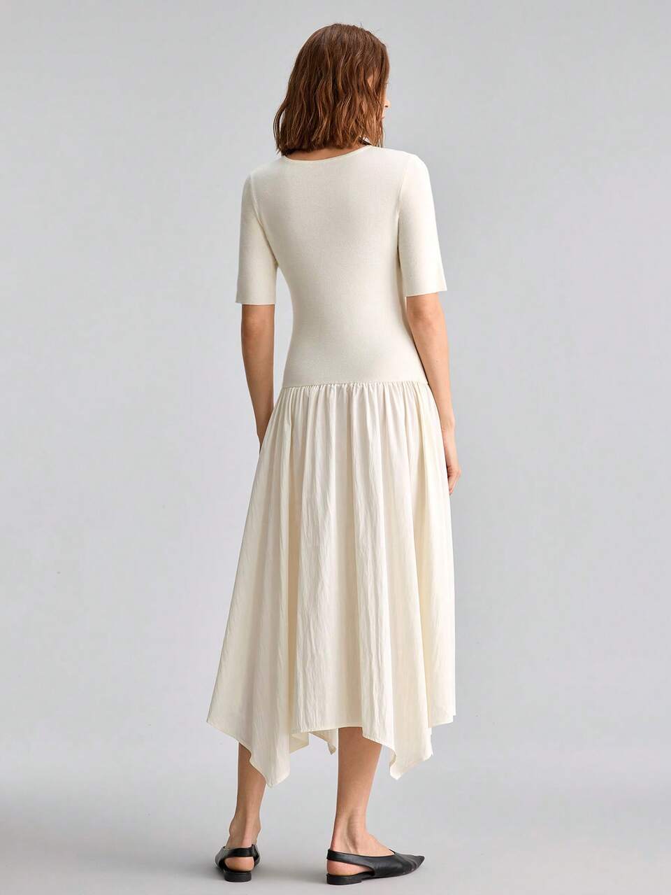 Off White,Autumn,Elegant,Brunch Women's Sweater Dress,Solid Short Sleeve Fitted Waist Ruched Knitted Long Dress,Office Holiday Teacher's Outfit