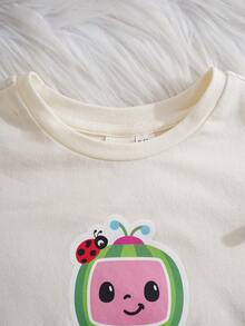 CoComelon X SHEIN Baby Girl Summer Casual Cartoon Pattern Ruffle T-Shirt And Watermelon Print Skirt Set - Apricot - View 6