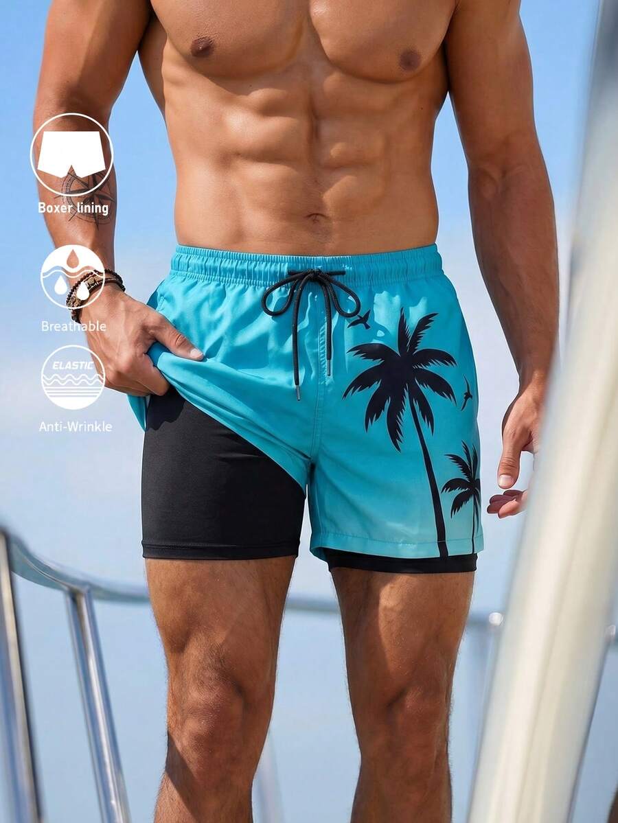 Manfinity Swimmode Men's Coconut Tree Print Drawstring Waist Pocket Beach Shorts - Multicolor - View 1