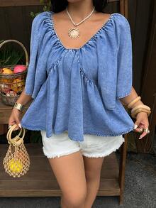 Sunnyshic Plus Size Women V-Neck Ruched Casual Versatile Denim Top For Daily Wear - Blue - View 5