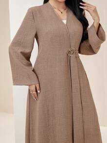 Veilorie Plus Size Women's Solid Color Long Sleeve Waist Metal Design Abaya - Coffee Brown - View 7