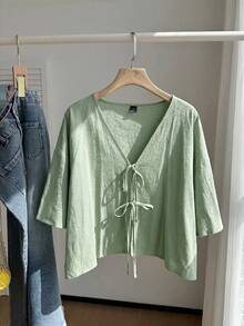 SHEIN EZwear 大码女式薄荷绿系带短袖衬衫，绿色系带罩衫，薄荷绿雪纺罩衫，绿色沙滩罩衫，返校季，休闲外套 - 薄荷綠 - 查看 5