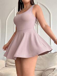 Solflare Lotus Root Pink Plus Size Sleeveless Dress With Pockets, Solid Color Jumpsuit - Dusty Pink - View 4