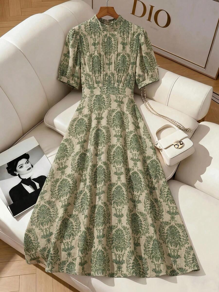 Franclia Women's Elegant High-End Lightweight Chiffon Printed Fabric Ruched Chest Waist-Cinching Small Stand Collar Short Sleeve Long Dress - Multicolor - View 1