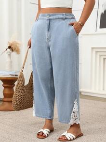 SHEIN Quần jeans lửng dáng casual thời trang cho nữ cỡ lớn, đã qua xử lý giặt, màu bạc. - Rửa nhẹ - Xem 3