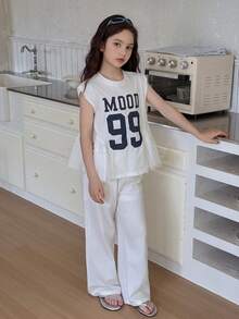 Dazy Kids 字母印花圓領上衣 + 直筒長褲 青少年女孩 T恤套裝 夏季 - 白色 - 查看 6