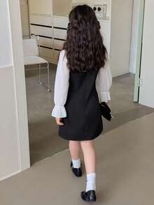 Dazy Kids Tween Girls' Loose Waist Peter Pan Collar Princess 2 In 1 Dress, Plus Size - Black - View 4