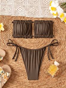 Swim Basics Double Fabric Bandeau (Backless Tie) High Leg Side Tie Bikini Swimwear - Coffee Brown - View 5
