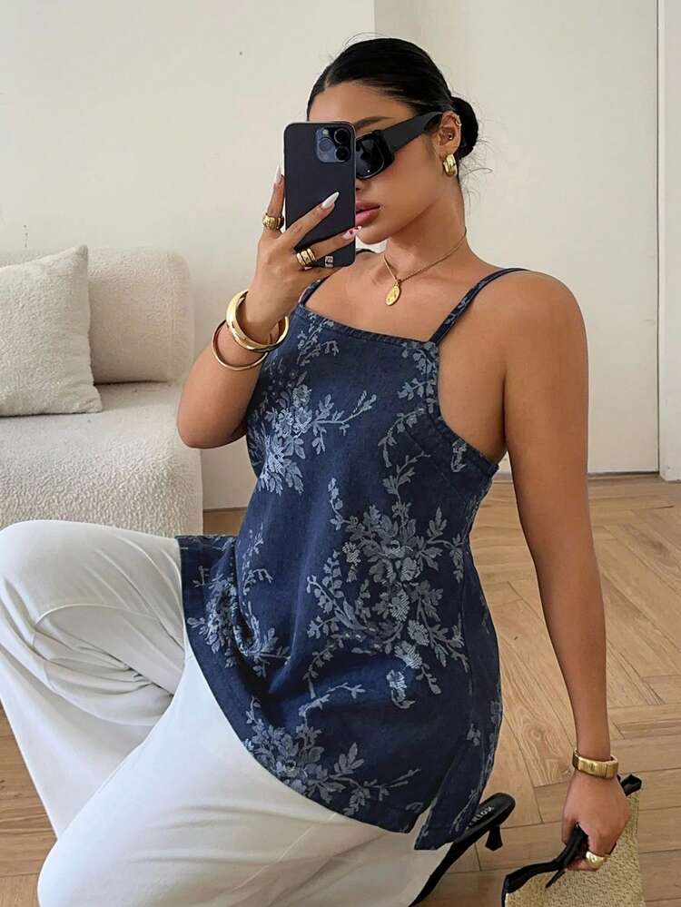 Dazy Plus Floral Print Pattern Design Vacation Style Spaghetti Strap Straight Denim Camisole Top, Plus Size Women Spring/Summer