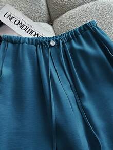SHEIN LUNE 女款休閒皺褶白色長褲，適合春/夏季日常通勤與外出 - 藍色 - 查看 5