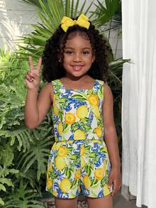 Young Girl Retro Print Sleeveless Pullover Top And Straight Leg Shorts Casual Outfit - Yellow - View 2