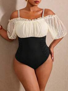 Elaquor Traje de baño de una pieza con bloques de color, encaje y hombros descubiertos para tallas grandes - Negro - Ver 7