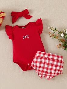 SHEIN 3pcs Baby Summer Red Plaid Romper Set: Ribbed Cap Sleeve Blouse With Bow + Ruffle Trim Bloomers + Headband - Red - View 3