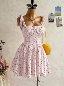 Soleia Váy mini công chúa dáng chữ A buộc dây mới đi du lịch, phong cách Bohemian, Boho, hoa lãng mạn, đi tiệc, hẹn hò, Valentine, Lễ Phục sinh, Carnival, trà chiều, đi biển, du thuyền, dạo phố ngày lễ - Màu Hồng baby - Xem 5