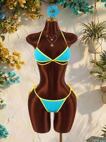 Amplova Women's Contrast Color Trim Swimwear Set, Tropical And Avant-Garde, Suitable For Holiday Wear Beach Vacation Blue Summer - Multicolor - View 5