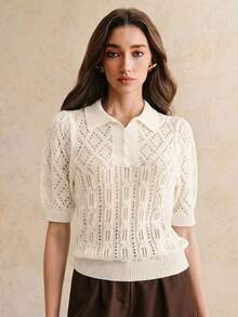 Anewsta Top tricoté vintage pour femmes avec col polo, manches bouffantes ajourées à motif floral, été - Beige - Voir 4