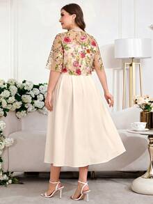 Reflora Plus Size Embroidered Sheer Patchwork A-Line Dress, Evening Gown - Apricot - View 2