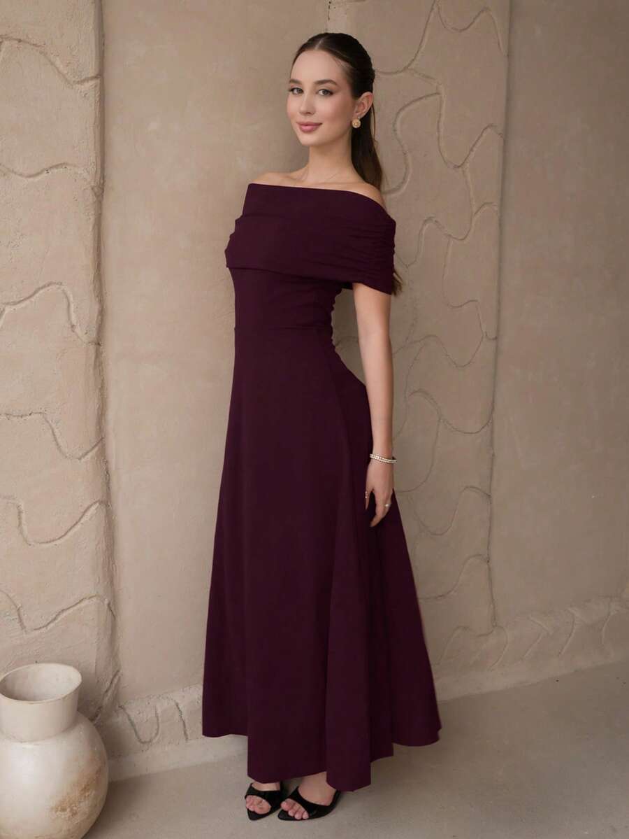 Duda Rubert Women's Elegant Minimalist Chic Romantic Fashion Sexy Dress, Off Shoulder High Waist A-Line Umbrella Dress, Suitable For Vacation, Commute, Date, Grey Dress Fashion Clothing Summer Outfits Modest Maxi Dress - Purple - View 1