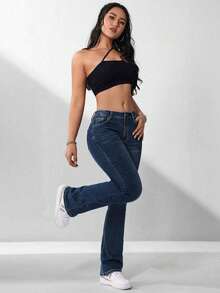 SHEIN ICON Plus Size Women Street-Style Vintage Dark Blue Elastic Jeans - Dark Wash - View 7
