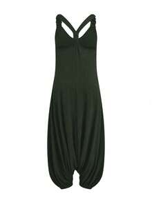 Franclia Plus Size Casual Loose Summer Solid Color Backless Loose Jumpsuit - Army Green - View 2