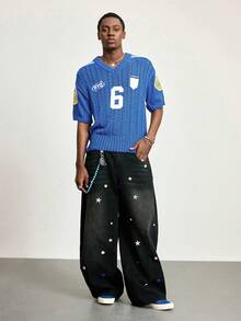 ROMWE MEN Prep World Cup Men's Numeric Embroidery Short Sleeve Knit Top - Blue - View 7