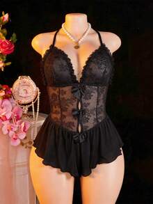 SHEIN Seductive Lace Ruffle Mesh Jumpsuit Party Black Summer - Black - View 6