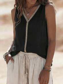 Balvessa V-Neck Casual Comfortable Vacation Countryside Relaxed Soft Texture Women Vest Top - Black - View 5