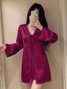 DAZY 2件套女士无袖纯色缎面睡袍吊带裙睡衣套装，夏季 - 中紫紅色 - 查看 1