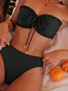 SHEIN Swim Women's Summer Beach Vacation New Cute Strapless Floral Ruffled Ditsy Floral Matching Delicate Pearl Pendant Drawstring Bikini Set - Black - View 1