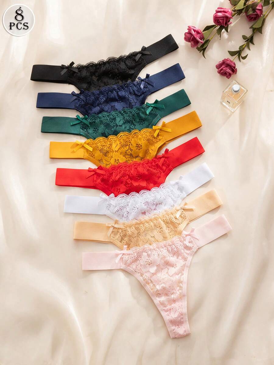 SHEIN 8件/包 女款蕾絲飾邊舒適內褲 - 彩色 - 查看 1