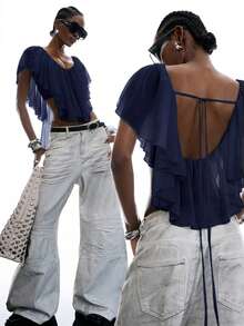 LYSMO Women's Solid Color Ruffle Hem Asymmetric Hem Fashionable Blouse - Navy Blue - View 9