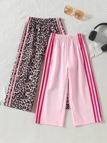 SHEIN 少女與媽媽親子款休閒百搭通勤日常復古美式運動風豹紋白色對比色蝴蝶結鬆直筒長褲，度假、夏季、旅行 - 彩色 - 查看 3