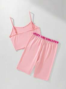 THE POWERPUFF GIRLS X SHEIN Tween Girl Cartoon Pattern Knit Soft Sports Elastic Tank Top And Shorts Set For Pilates, Ballet, Dance, Gymnastics, Competition - Pink - View 4