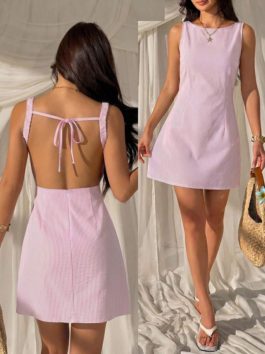 SHEIN EZwear 女款夏季性感度假風拼接條紋印花無袖露背打結迷你洋裝 - 藕粉色 - 查看 1
