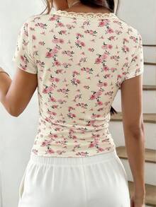 EMERY ROSE Round Neck Short Sleeve Lace Patchwork Ditsy Floral Summer T-Shirt - Apricot - View 2