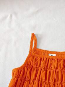 SHEIN Elladie kids 少女纯色褶皱吊带背心和裤子休闲日常穿搭 - 橘色 - 查看 4