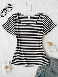 SHEIN Tween Girl Tween Girls Casual Everyday Comfortable Scoop Neck Striped Short Sleeve T-Shirt - Multicolor - View 2