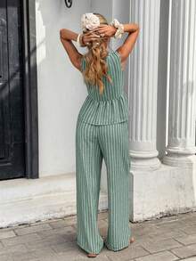 Serisse Women's Vacation Casual Striped Sleeveless Top And Pants 2 Pieces Set - Green - View 2