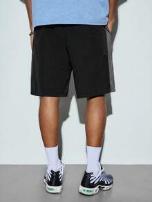 Modcrash Pantalones cortos deportivos casuales unisex de verano con cintura elástica, cordón y diseño de patchwork de color contrastante - Negro - Ver 2