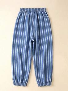 Pantalones casuales sencillos de bolsillo con lazo al frente de unicolor en talla grande, uso casual diario - Azul lavado oscuro - Ver 2