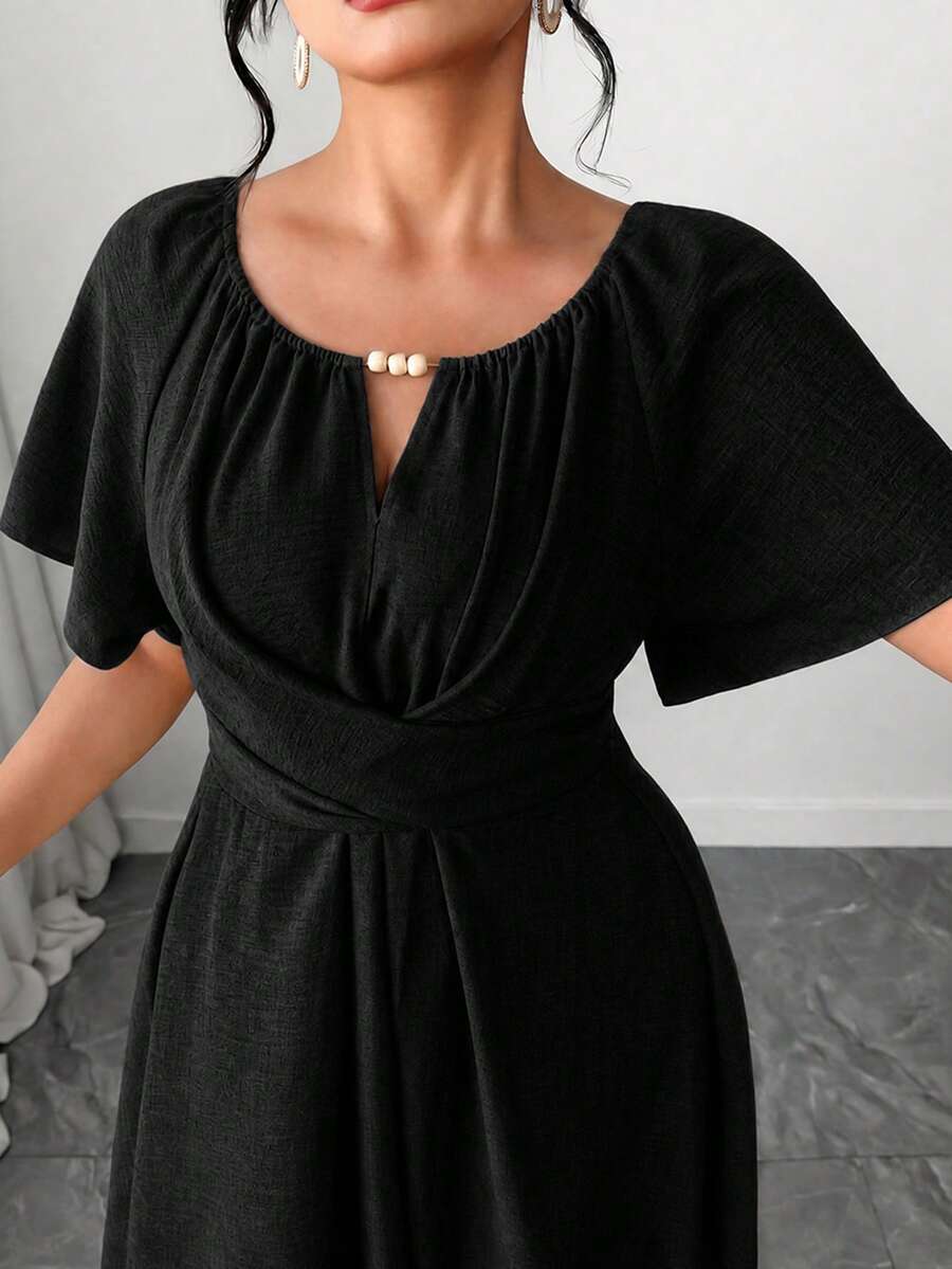 Elenzga Abito a-line da donna taglie forti, elegante, con design collo cavo in perle di legno e vita stretta - nero - Visualizzare 1