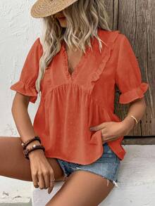 LanaWest Women's 3D Cut-Out V-Neck Petal Sleeve Blouse - Burnt Orange - View 4